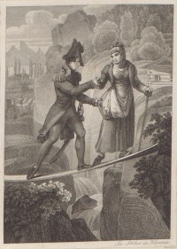 Hídon átkelő nő és katona